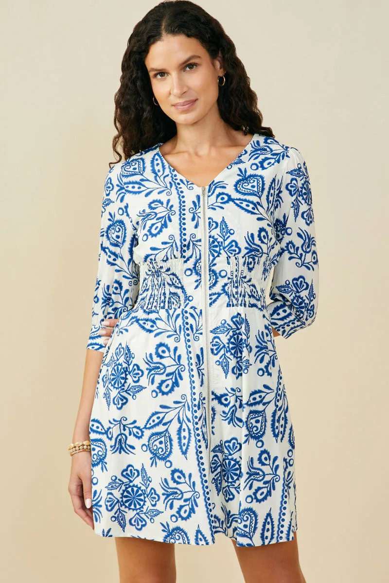 Weekend Style Breathable-Lining Embroidery Print Smock Waist Zipper Dress