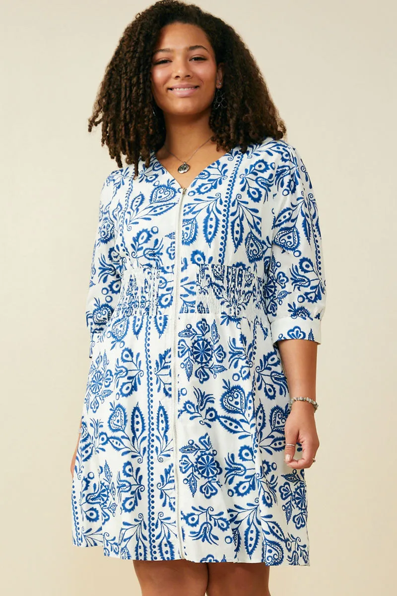 Boat-Neck Simple Touch Embroidery Print Smock Waist Zipper Dress