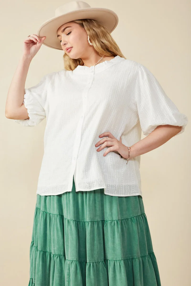 casual top Casual Blouse Embroidery Textured Puff Sleeve Blouse