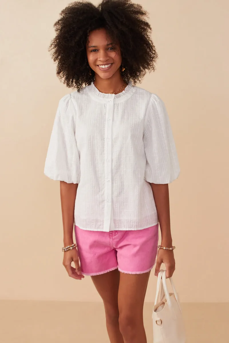 Embroidery Textured Puff Sleeve Blouse Vintage Pullover