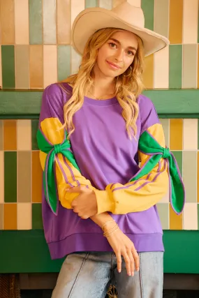 IT4741G-03 | MARDI GRAS BOW FRENCH TERRY SWEATSHIRT Feminine off-the-shoulder gown Travel-Essential