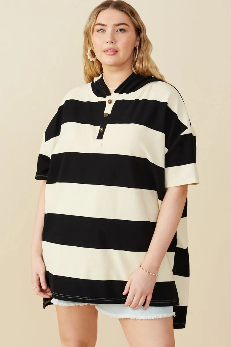 Engineered Block Striped Hooded Knit Tunic Drop Shoulder Design Bonded Seam Technique