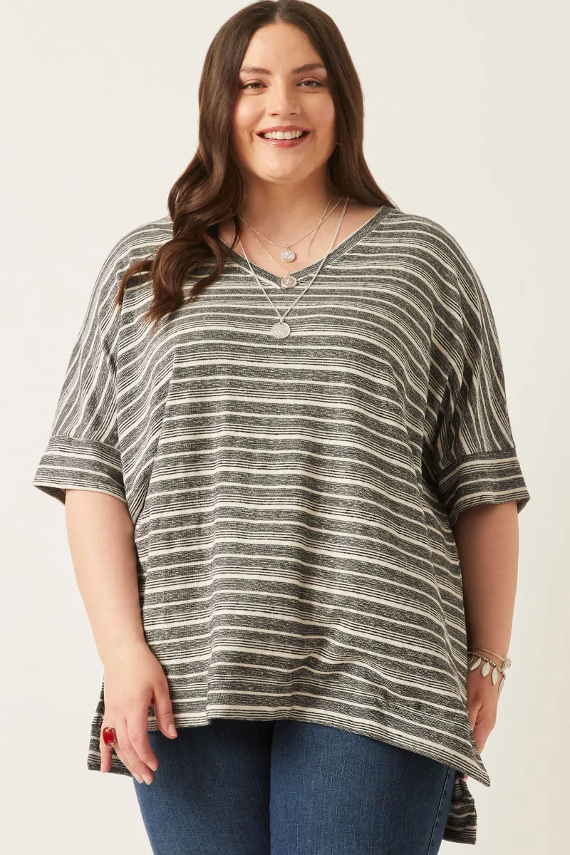 Engineered Stripe Oversize V-Neck High Low Knit Top ZonalVentilation