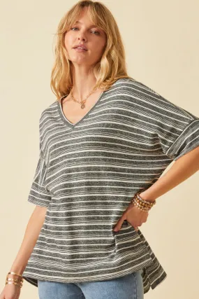 Stretch Fit Double Layered Hood Assembly Engineered Stripe Oversize V-Neck High Low Knit Top