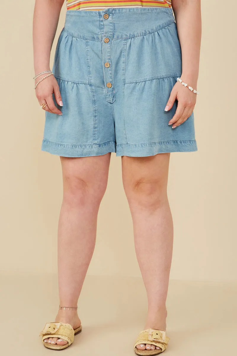 Snag Resistant Fabric High Rise Button Detail Tiered Wideleg Tencel Shorts