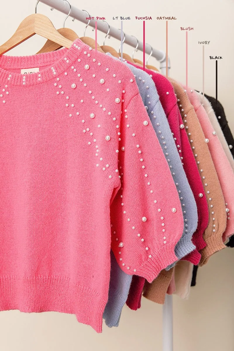 IP6625G-02 | PEARL BEADED SHORT SLEEVE SWEATER TOP Autumn Ready ElasticCuffs