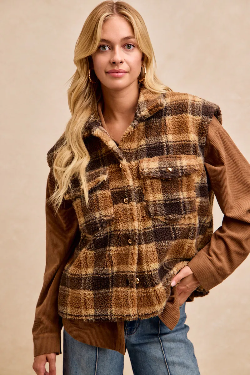 IT3179S-01 | PLAID SHERPA BUTTONED VEST Soft Lined Interior Quick Release Buckles