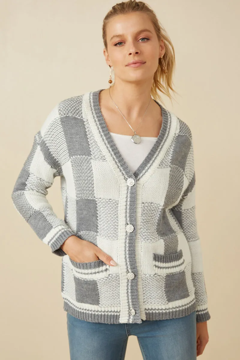 Light Reflective Fade Resistant Mixed Knit Statement Button Quilted Sweater Cardigan