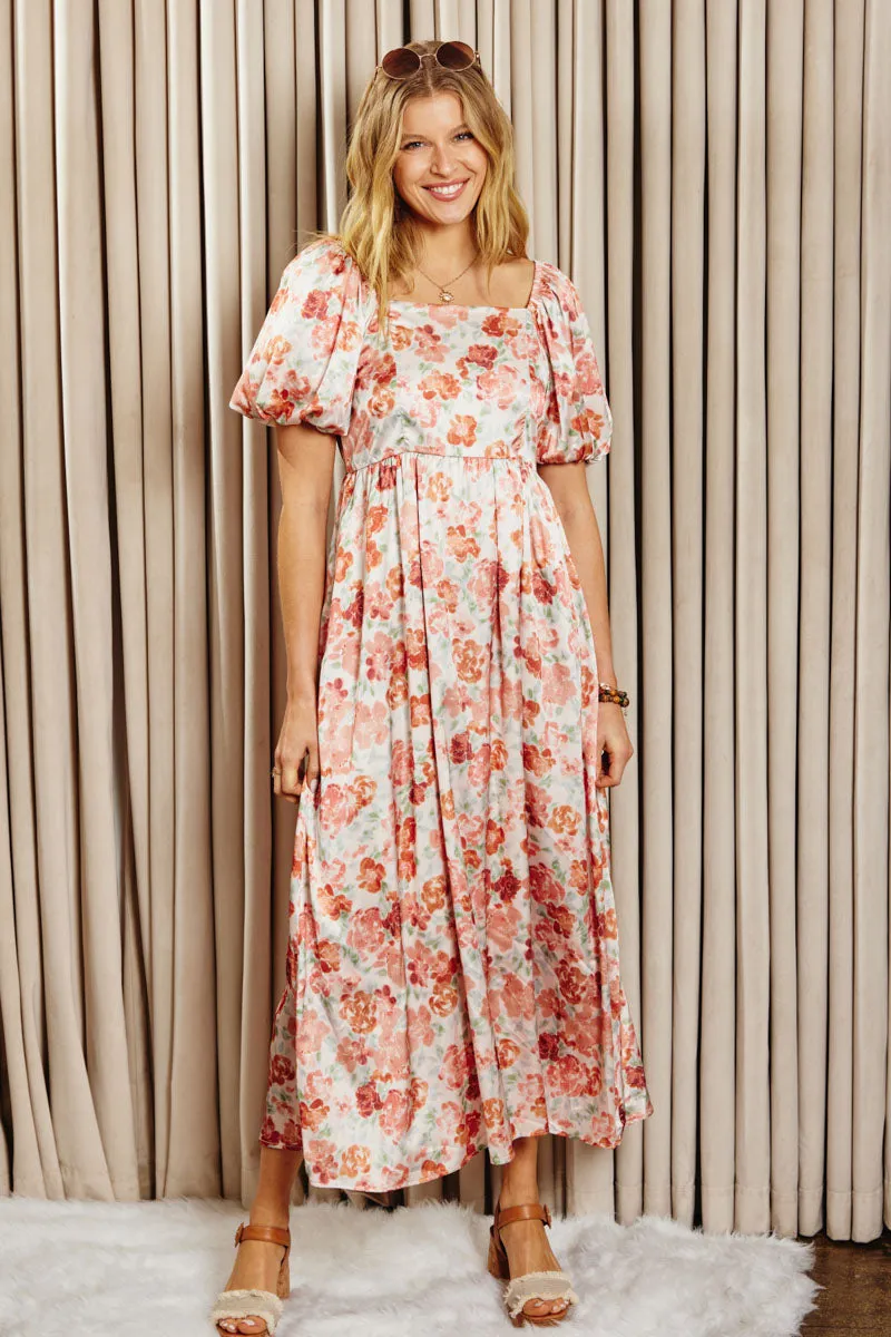Faded Floral Square Neck Puff Sleeve Satin Dress Vibrant Aesthetic Easy Tones
