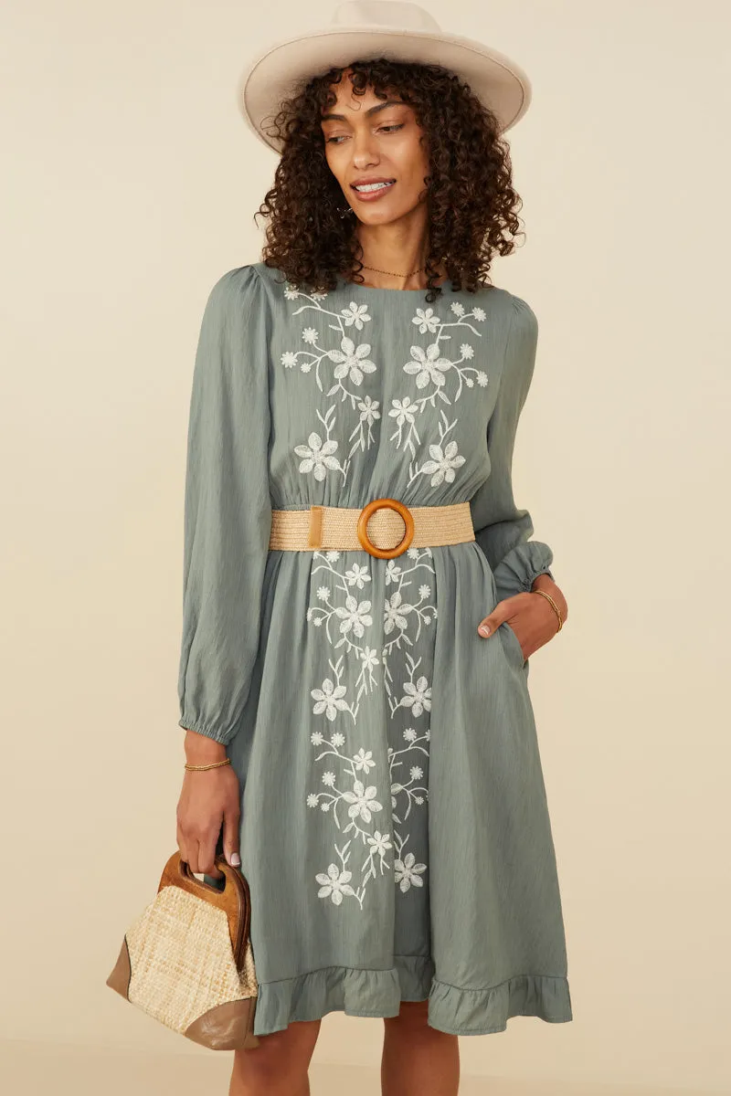 Floral Embroidered Ruffle Hem Long Sleeve Dress Buckle-Detail Embroidered-Sleeve