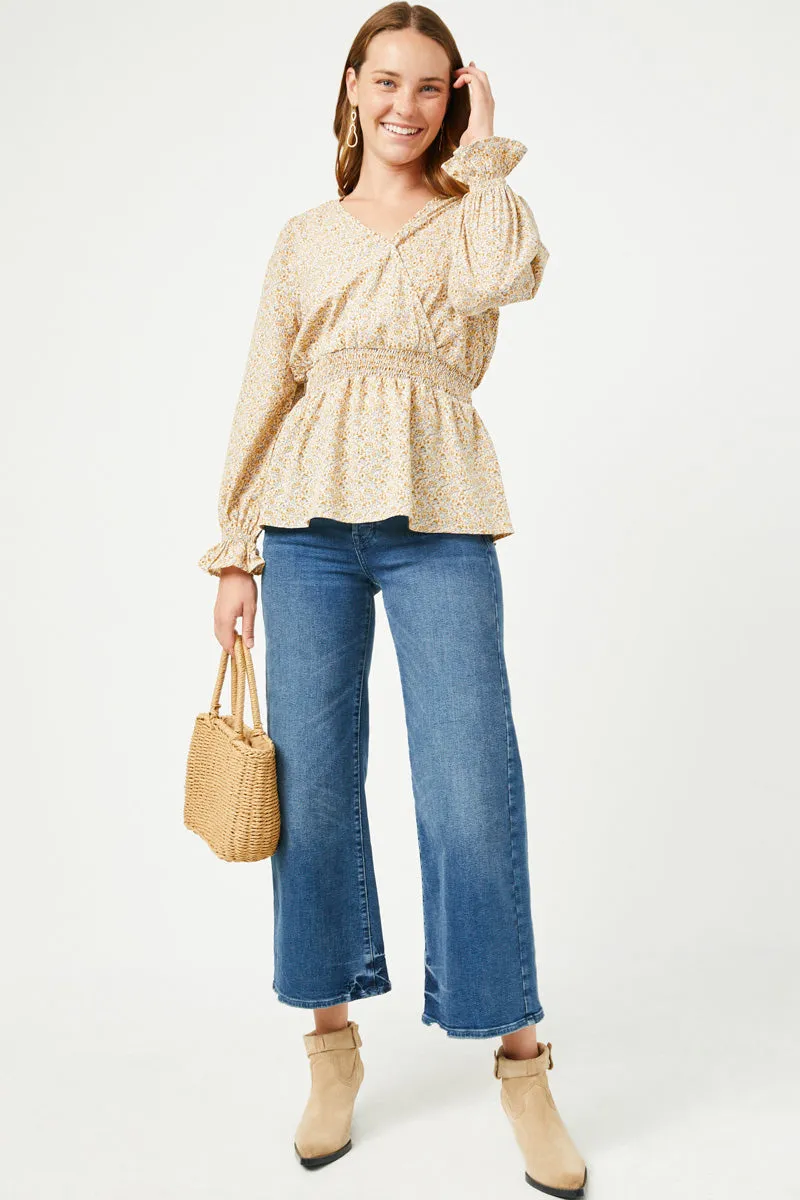 Floral Surplice Smocked Waist Top Slim Fit Design