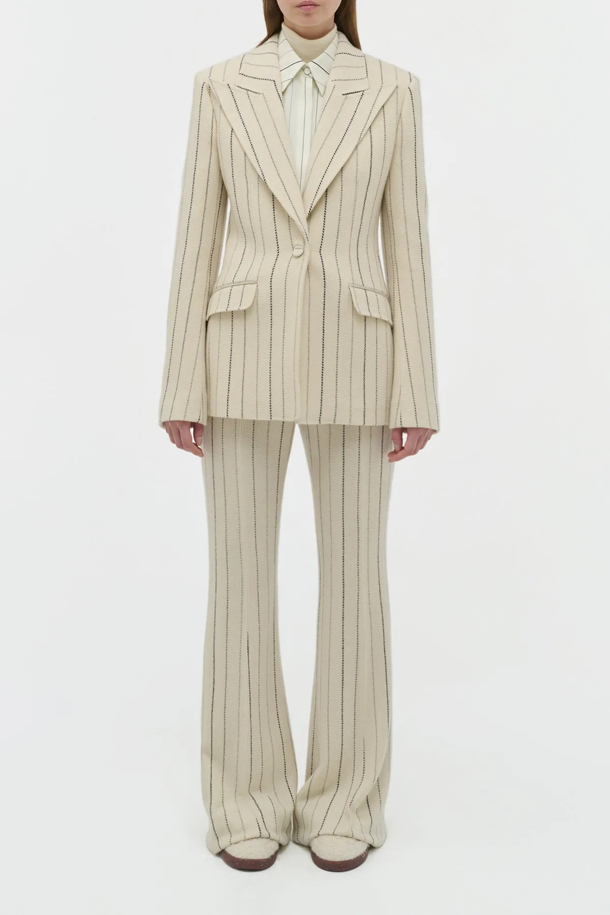 Leiva Blazer in Ivory Multi Pinstripe Wool Cashmere DoubleStitching Tailored Silhouette