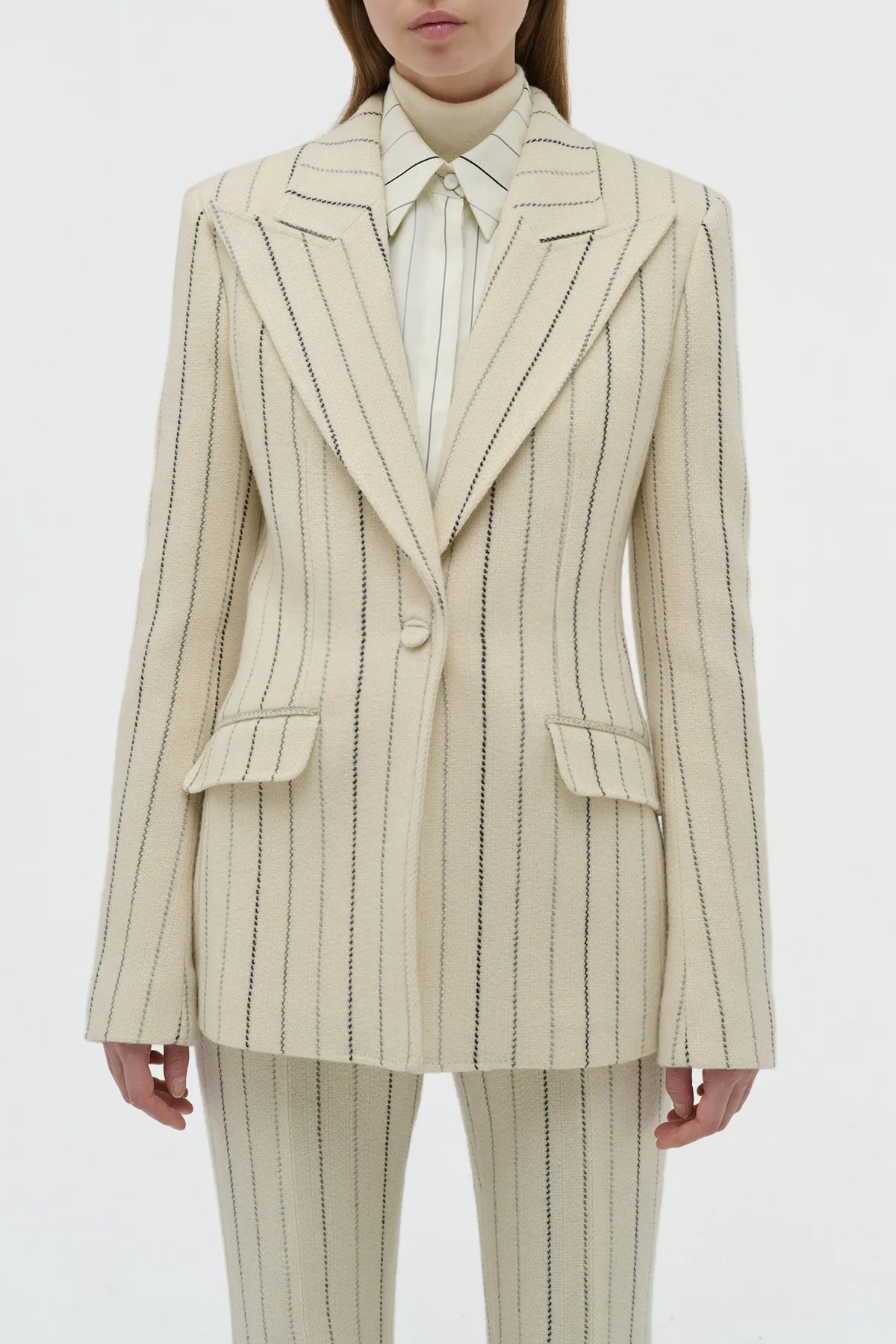 Leiva Blazer in Ivory Multi Pinstripe Wool Cashmere ChafeFreeEdging