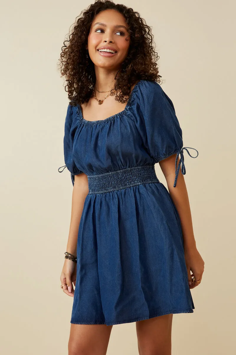 Soft Vibes Womens Smocked Waist Tie Sleeve Denim Tencel Dress