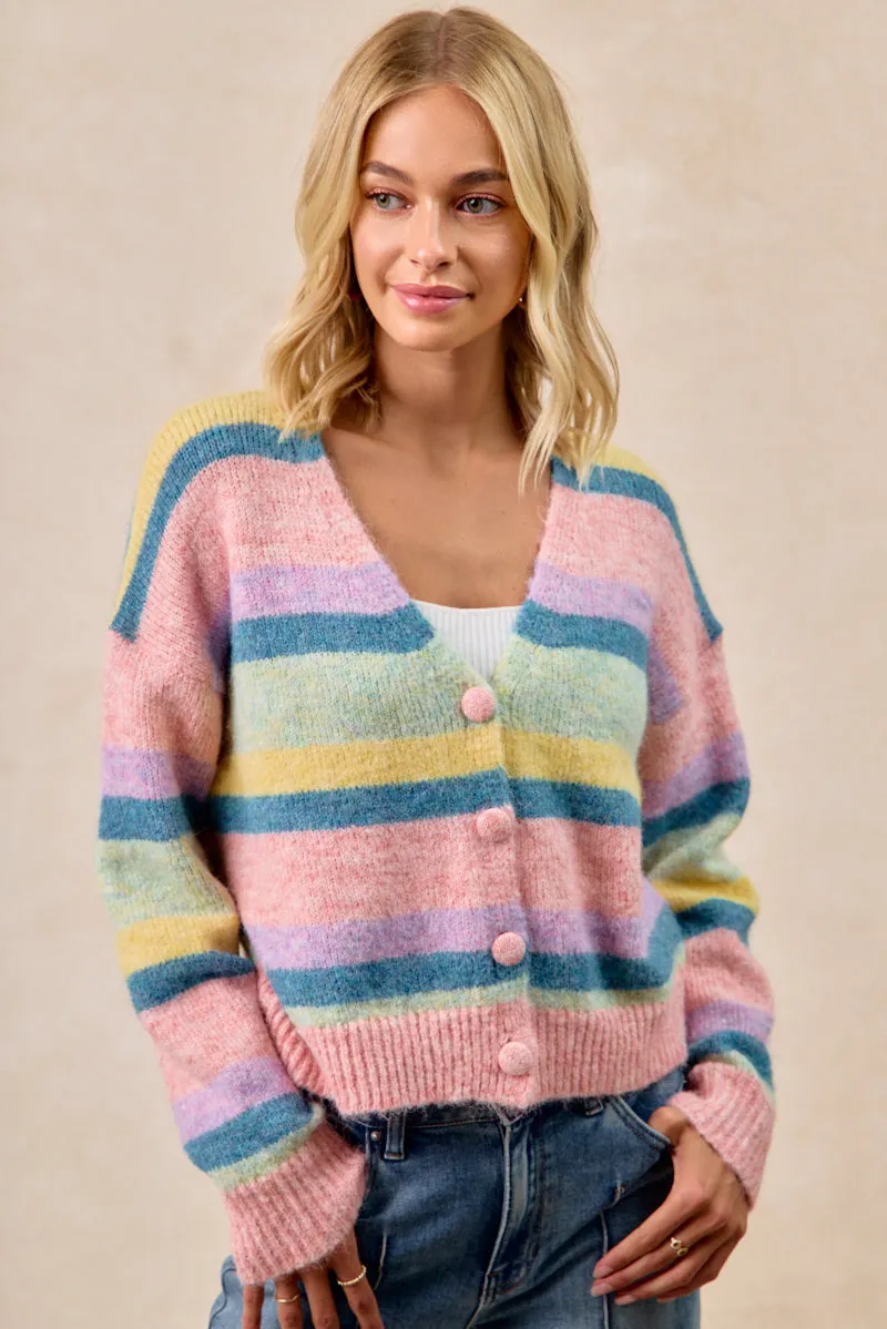 IT4724-01 | MULTI COLOR STRIPED SWEATER CARDIGAN WITH BUTTON HighDensityWeave Adjustable Waist