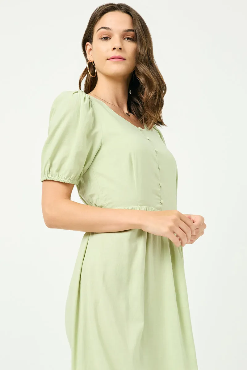 Buttoned Puff Sleeve Tie Back Midi Dress Neutral Base warm tones