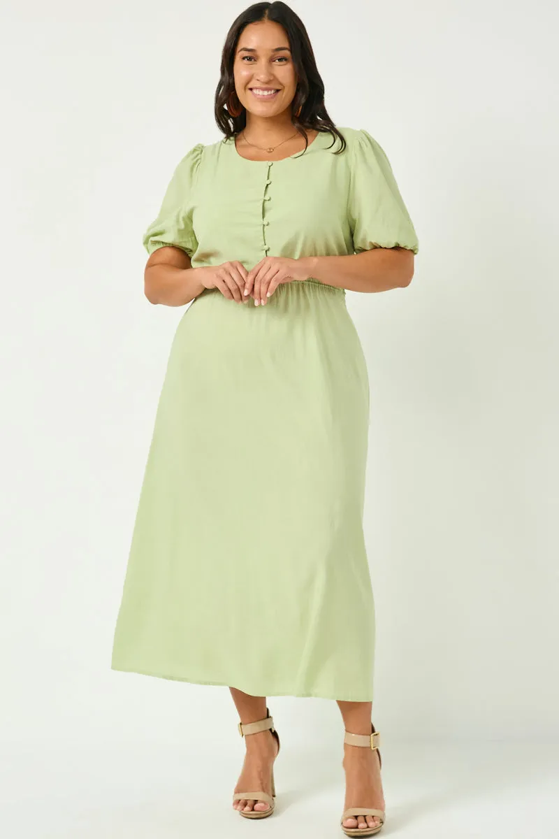 Neutral Form Mood Flex Buttoned Puff Sleeve Tie Back Midi Dress