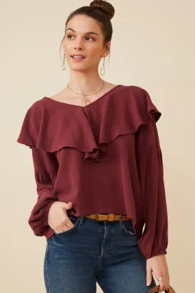 MicroPerforated Details Exaggerated Ruffled V Neck Puff Sleeve Top