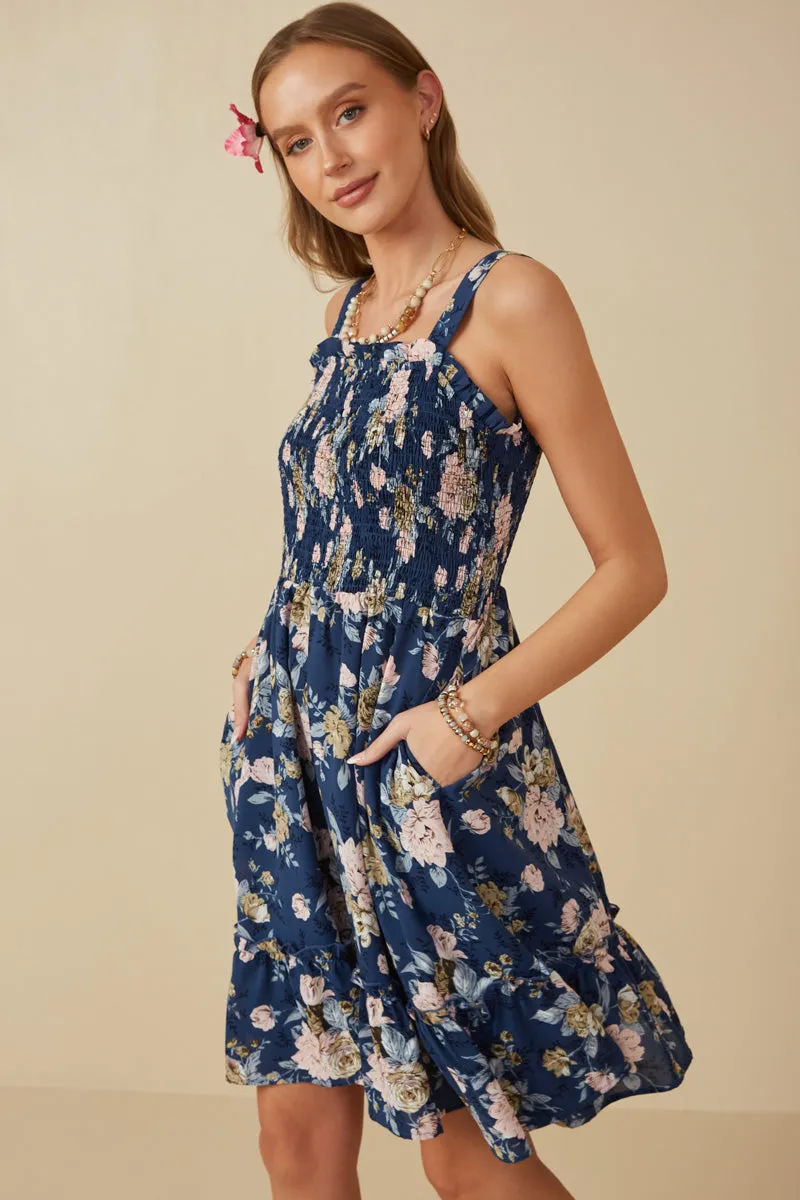 Romantic Floral Smocked Bodice Tank Dress Graduation-Event Tailored Fit