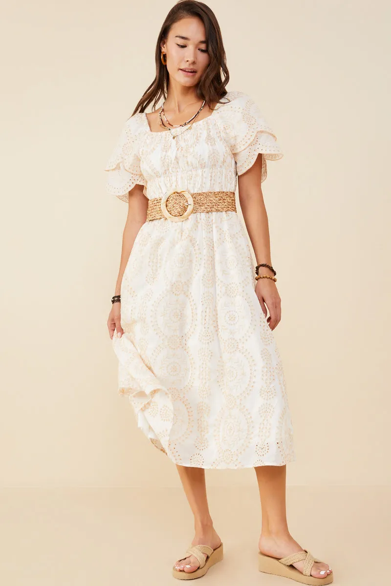 Sweetheart Cut Eyelet Lace Square Neck Smocked Dress