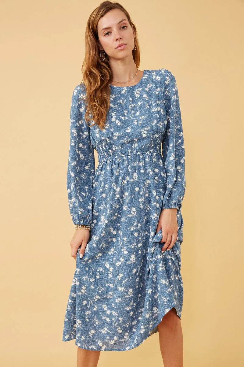 Tonal-Stitching Floral Print Side Smocked Long Sleeve Dress
