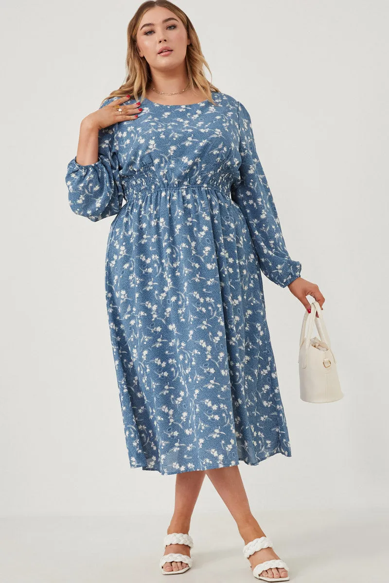 Romantic Style Floral Print Side Smocked Long Sleeve Dress