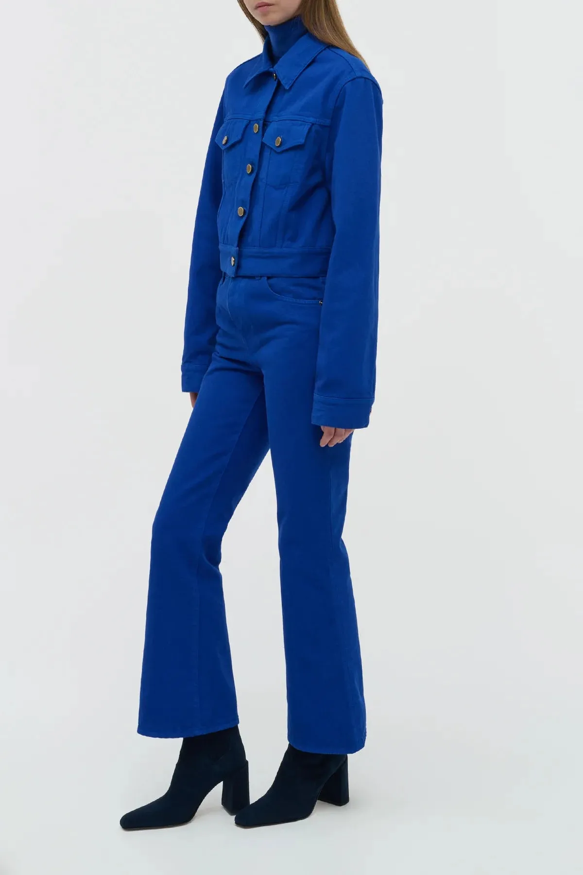 Ezra Bootcut Cropped Jean in Cobalt Recycled Cotton Denim High Stretch Fabric