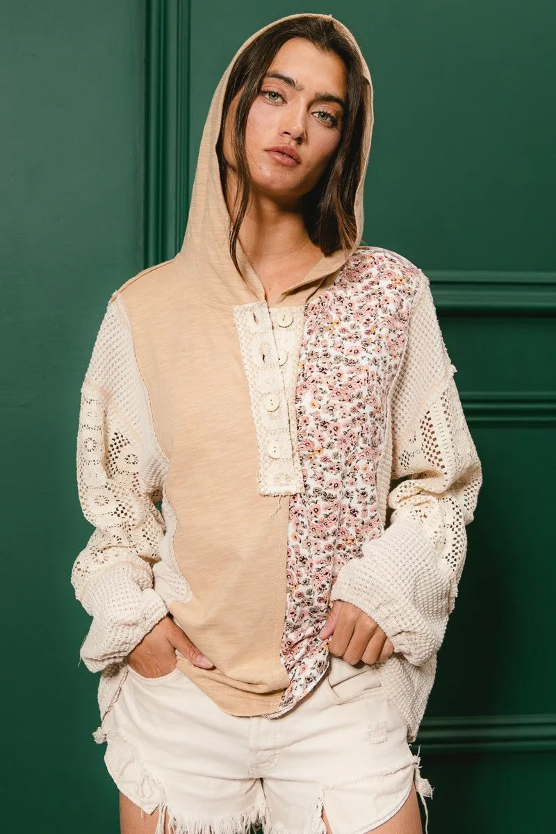 Trendy Feel Ergonomic Sleeve Shaping IT1763S-01 | SLUB JERSEY WITH LACE COMBO BUTTONED HOODIE TOP
