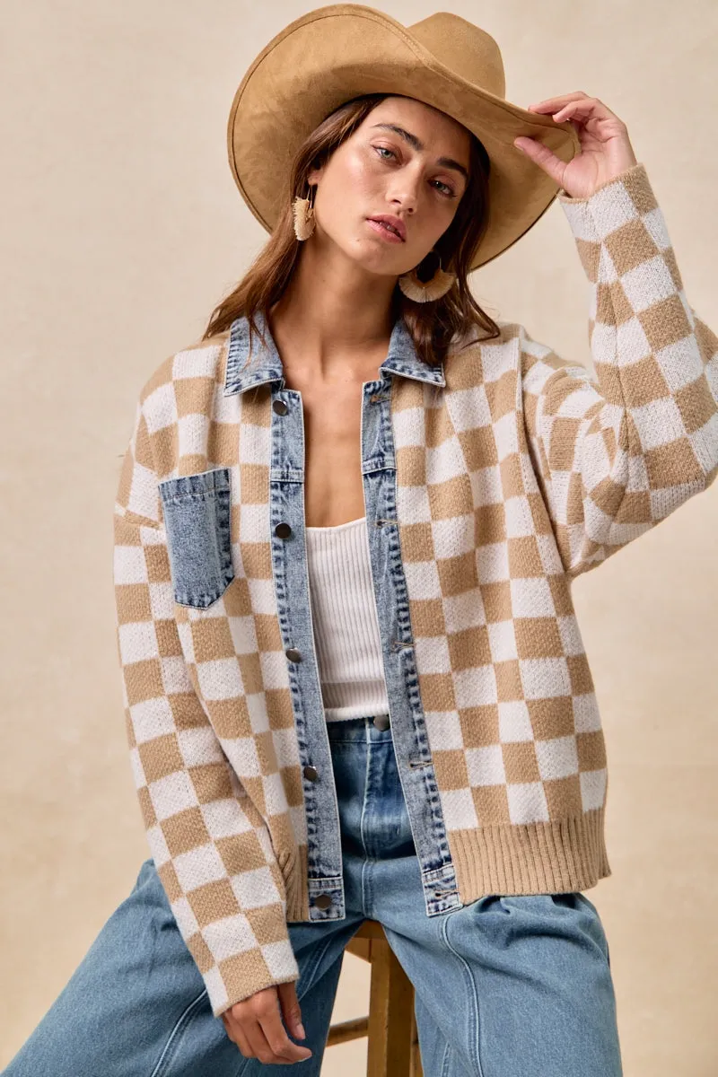 IT4420G-03P | WASHED DENIM MIX AND MATCH CHECKER SWEATER TOP Fast Move