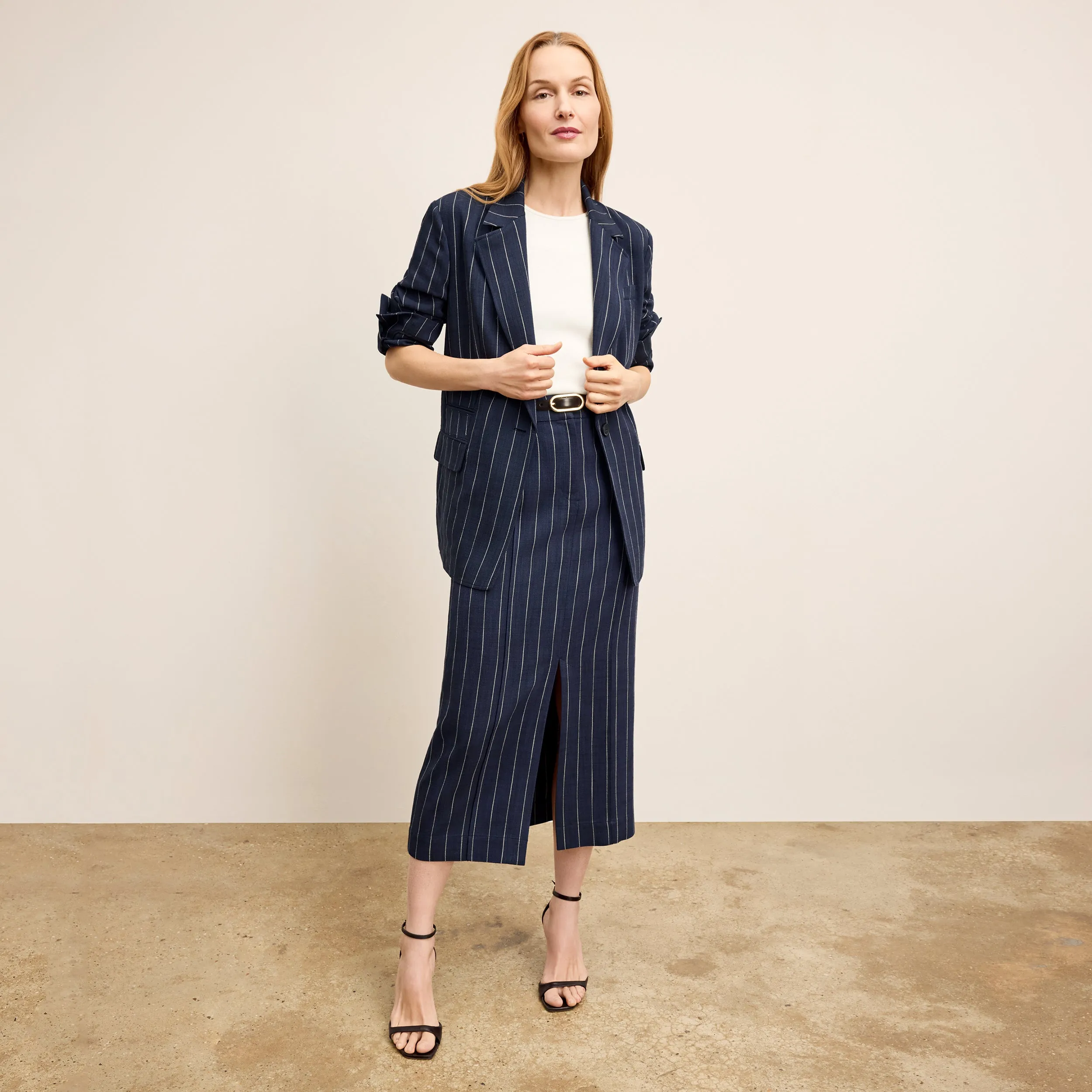 Teddy Breeze Jacket - Summer Pinstripe :: Navy/Ivory Flattering Drape MoistureWicking Fabric