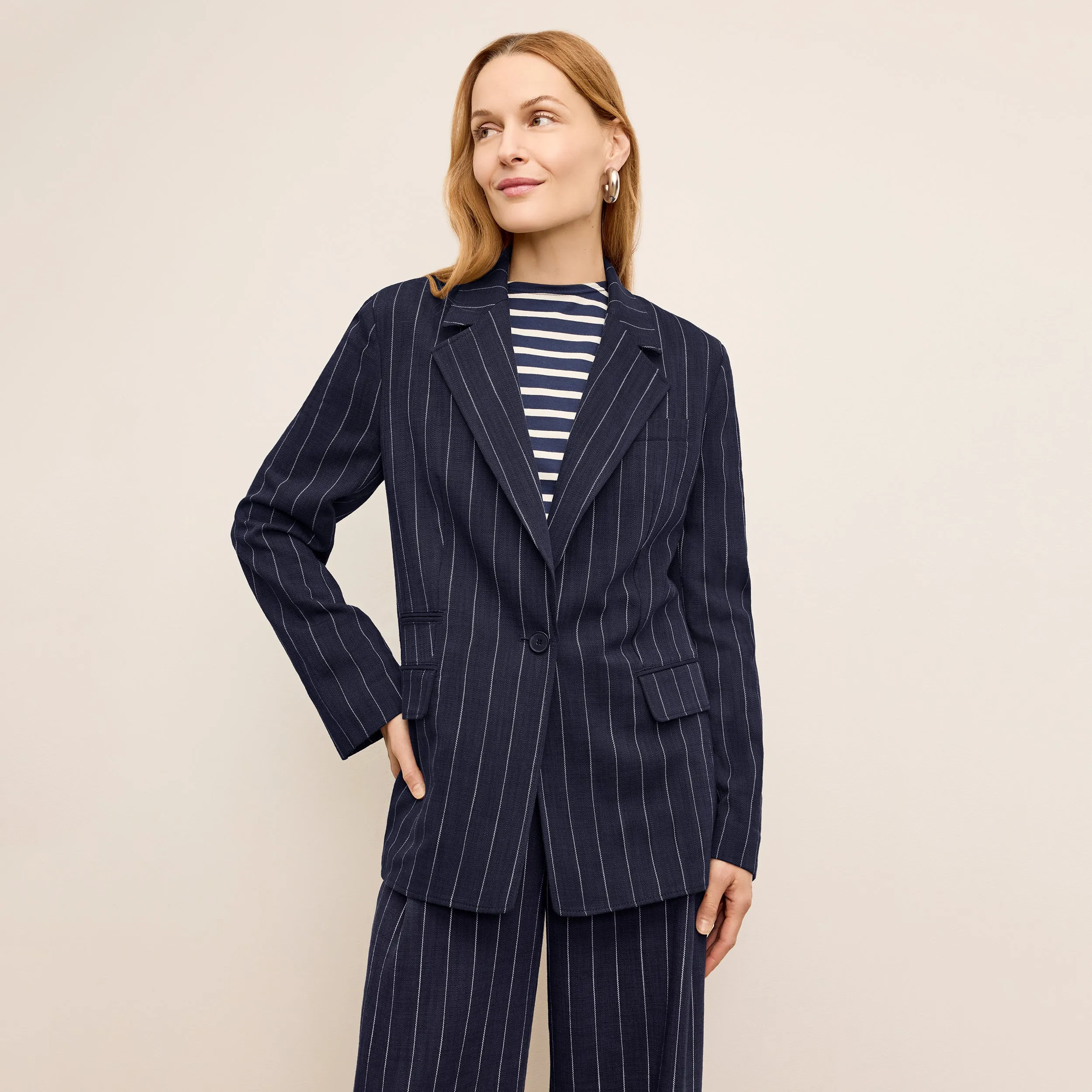 Teddy Breeze Jacket - Summer Pinstripe :: Navy/Ivory DoubleNeedle Stitching