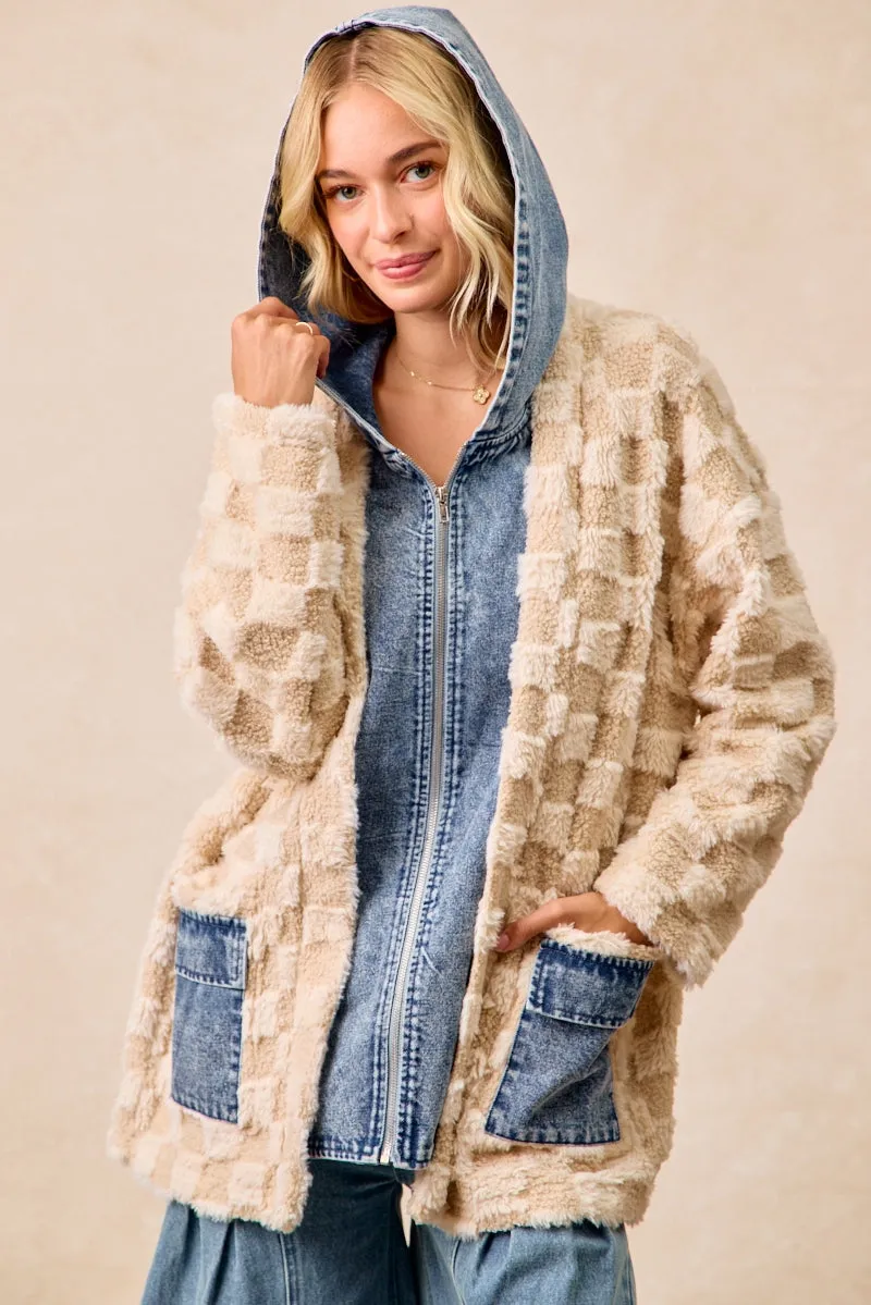 Sleek Style IP5489G-05 | CHECKER SHERPA DENIM MIX AND MATCH HOOD CARDIGAN
