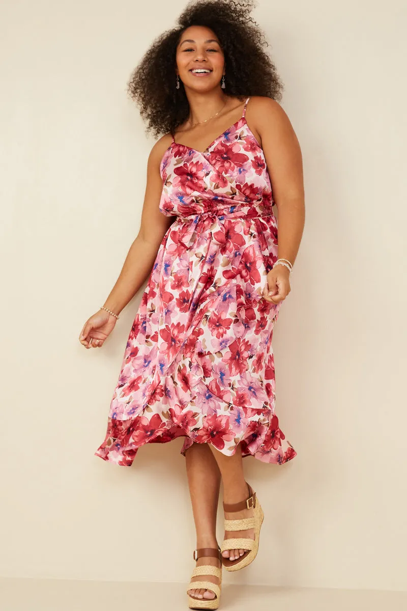 Romantic Floral Surplice Belted Satin Dress Lounge Outfit