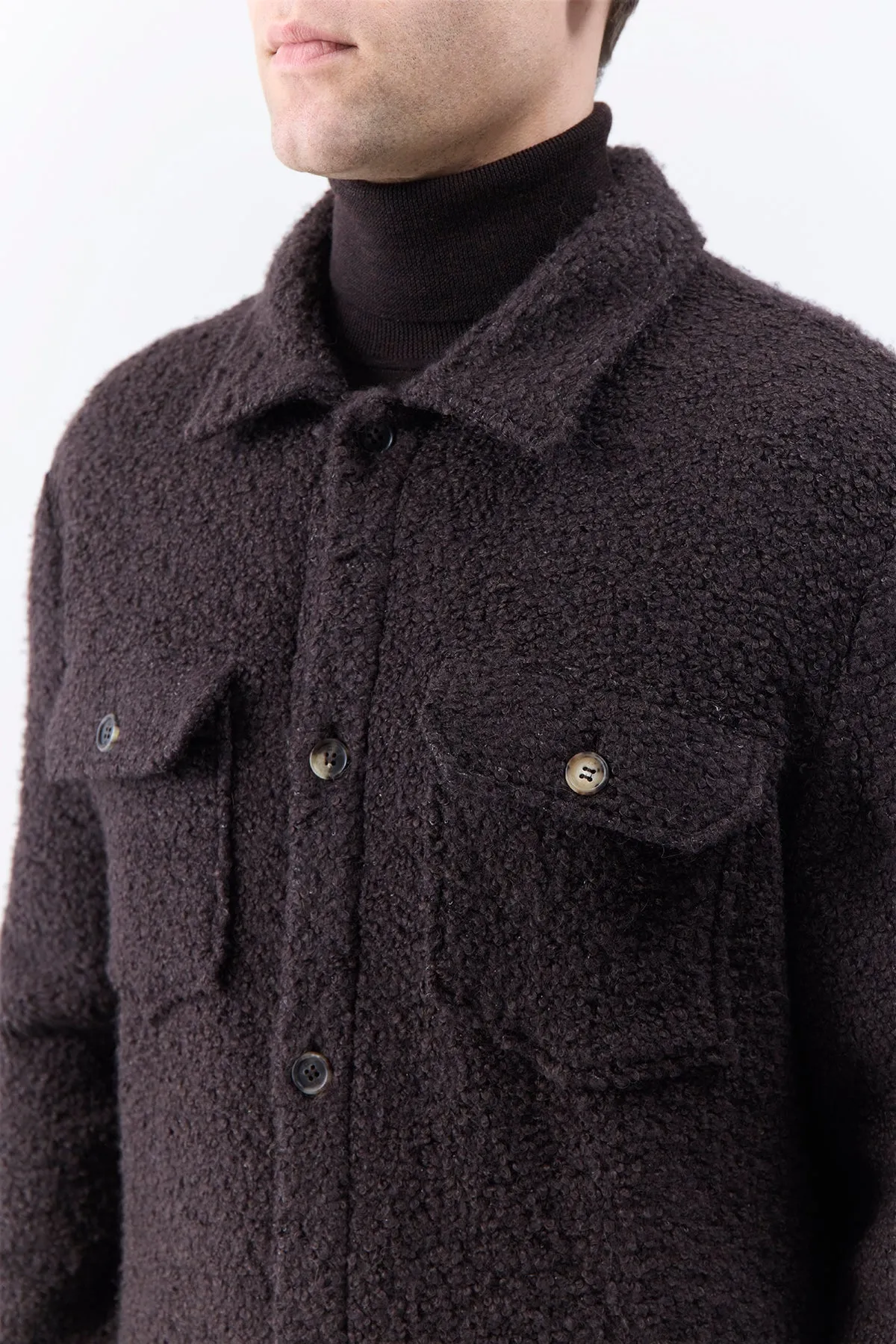 RubberizedButtonClosures Adjustable Cuff Design Fargo Overshirt in Chocolate Recycled Cashmere Boucle