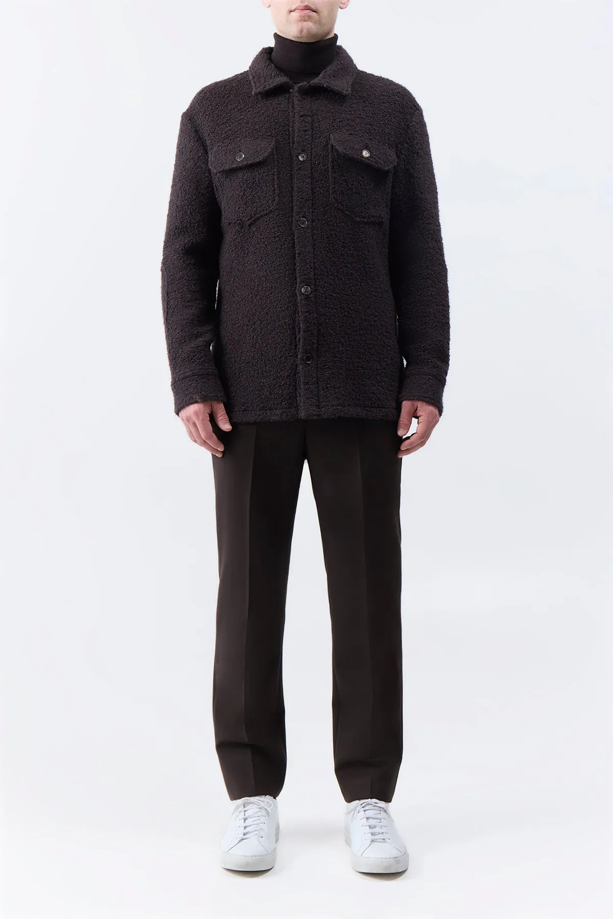 Fargo Overshirt in Chocolate Recycled Cashmere Boucle Eco Friendly Material