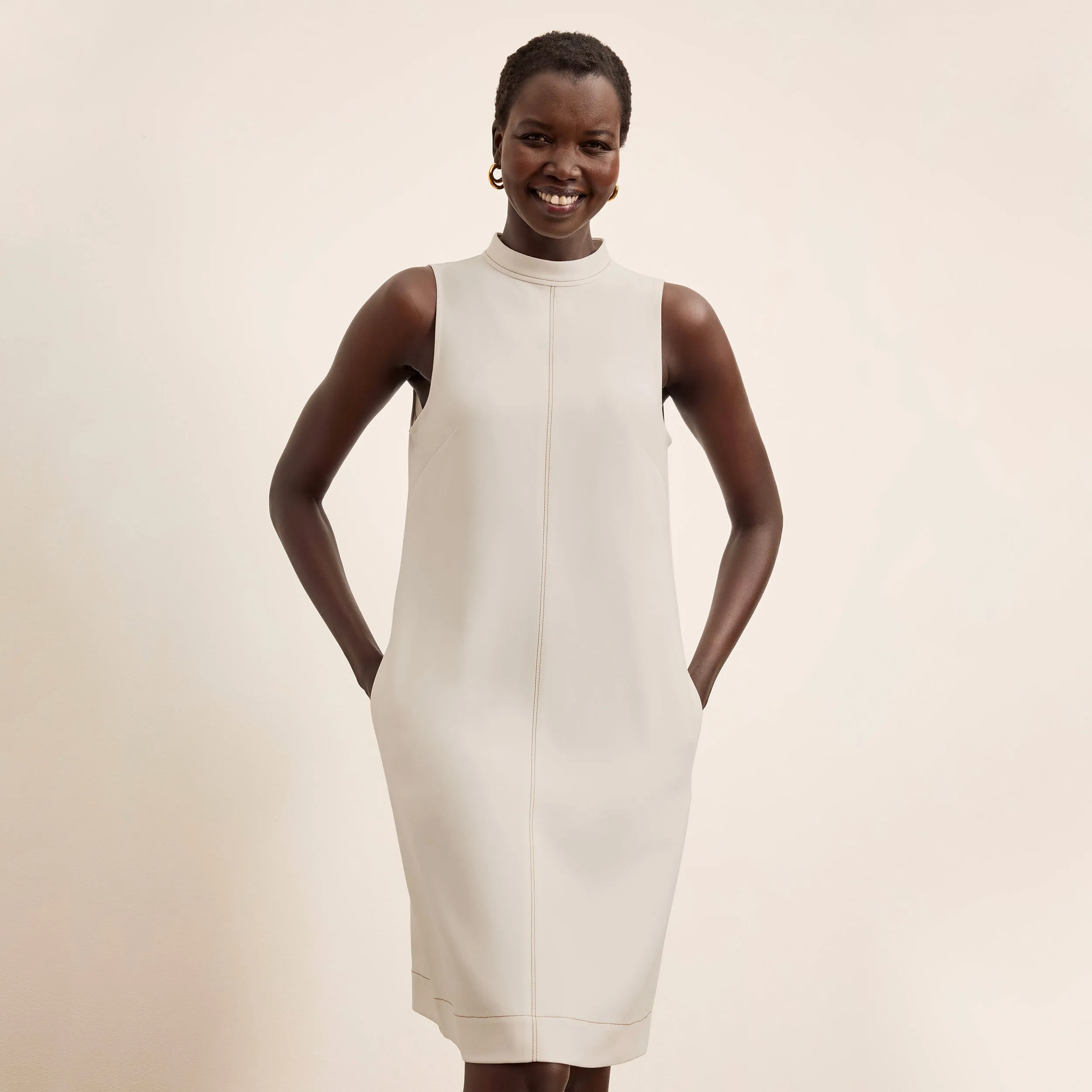 Non Restrictive Fit Farren Swing Dress - Everyday Crepe with Topstitch :: Eggshell