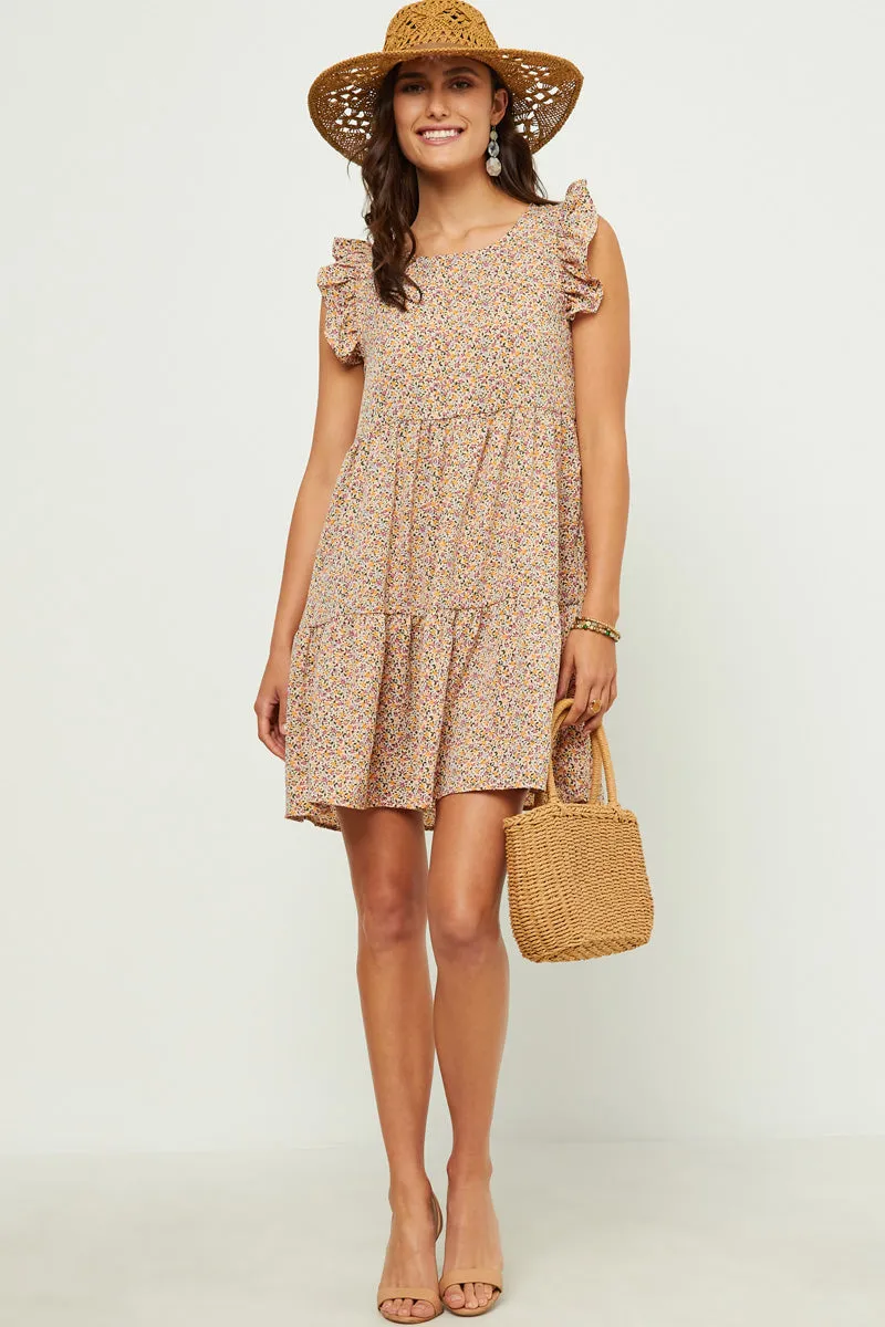 Ditsy Floral Print Ruffle Detail Tiered Sleeveless Dress LightweightMaterial