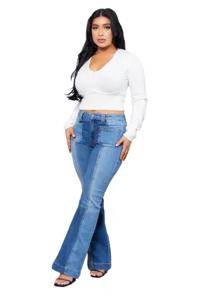 High-Rise Color Block Flare w/ Patch Pockets EcoFriendlyMaterial