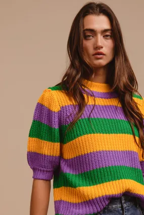 IT3189S-02 | MARDI GRAS STRIPE HACCI KNIT HALF SLEEVES TOP Ribbed Collar Design Casual Tee