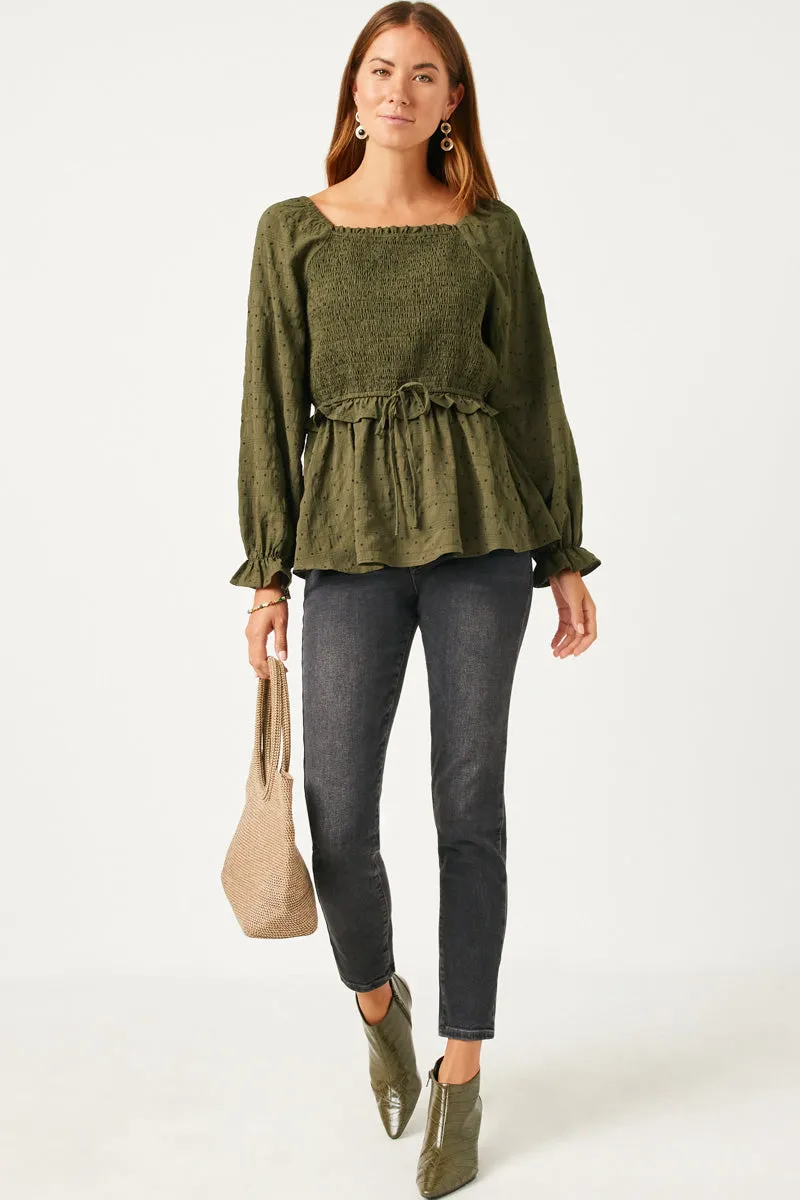 CollapsibleFrame UltraLightweight Textured Polka Dot Smocked Bodice Tie Front Top