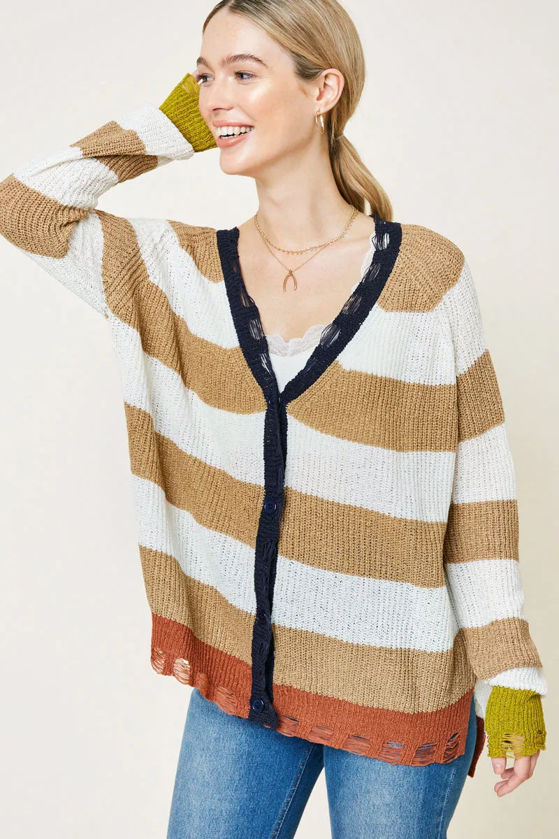 Distressed Stripe Knit Cardigan Sweater PFC Free Treatment