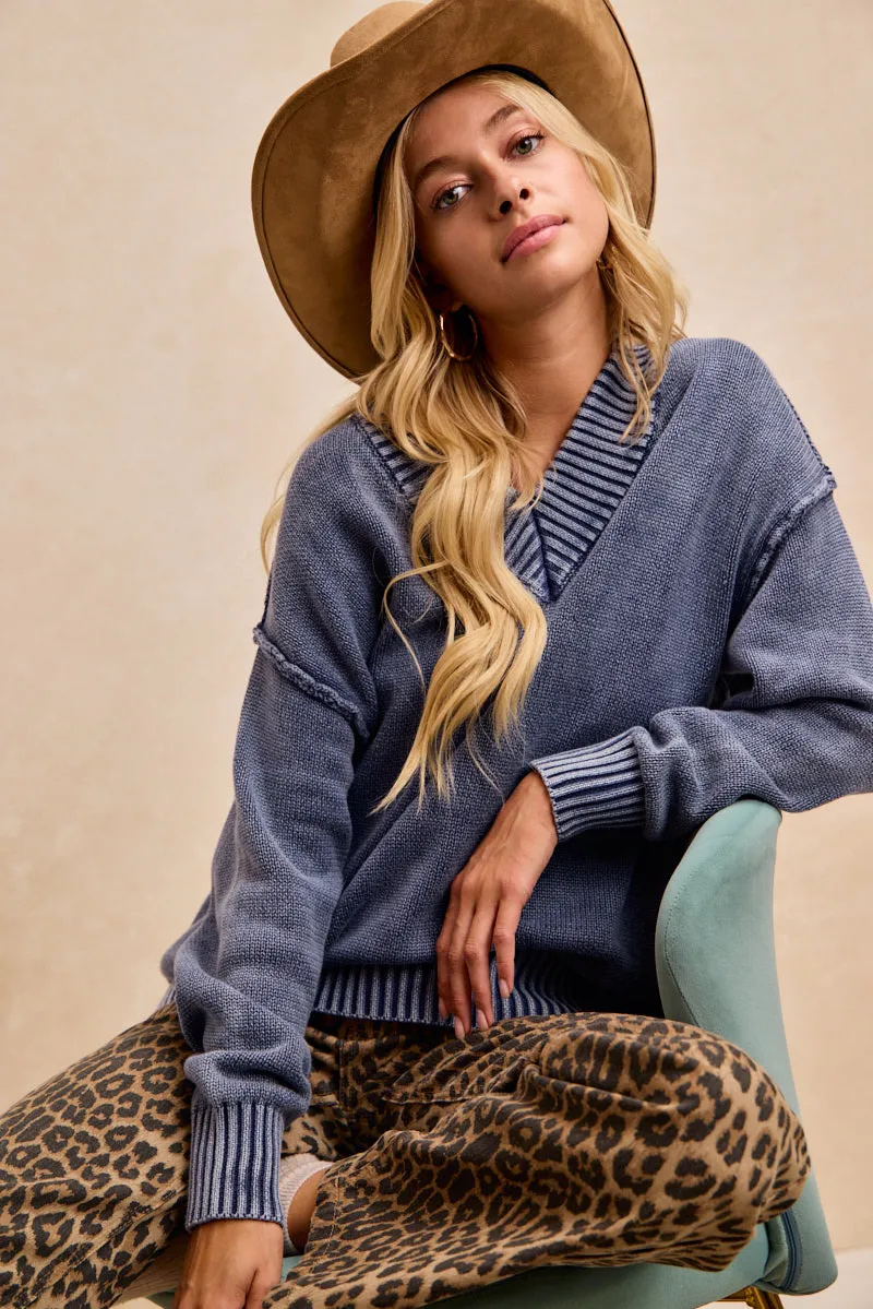 IT4902S-01 | WASHED SWEATER BASIC V NECK TOP Modern Aesthetic Beach Moment