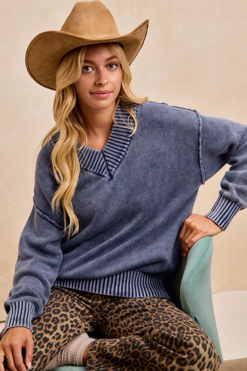 Soft Vibe IT4902S-01 | WASHED SWEATER BASIC V NECK TOP