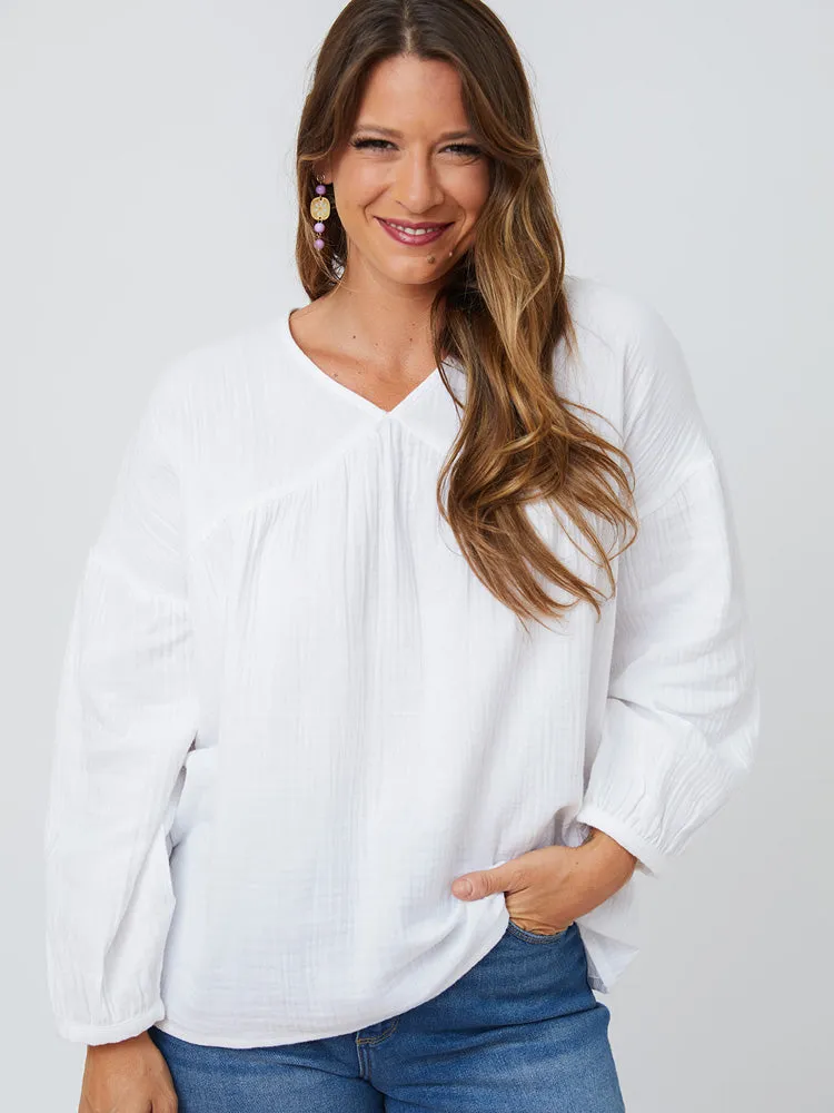 Fiona Blouse - White Gauze CompressionSupportWeave Ergonomic Shoulder Shape