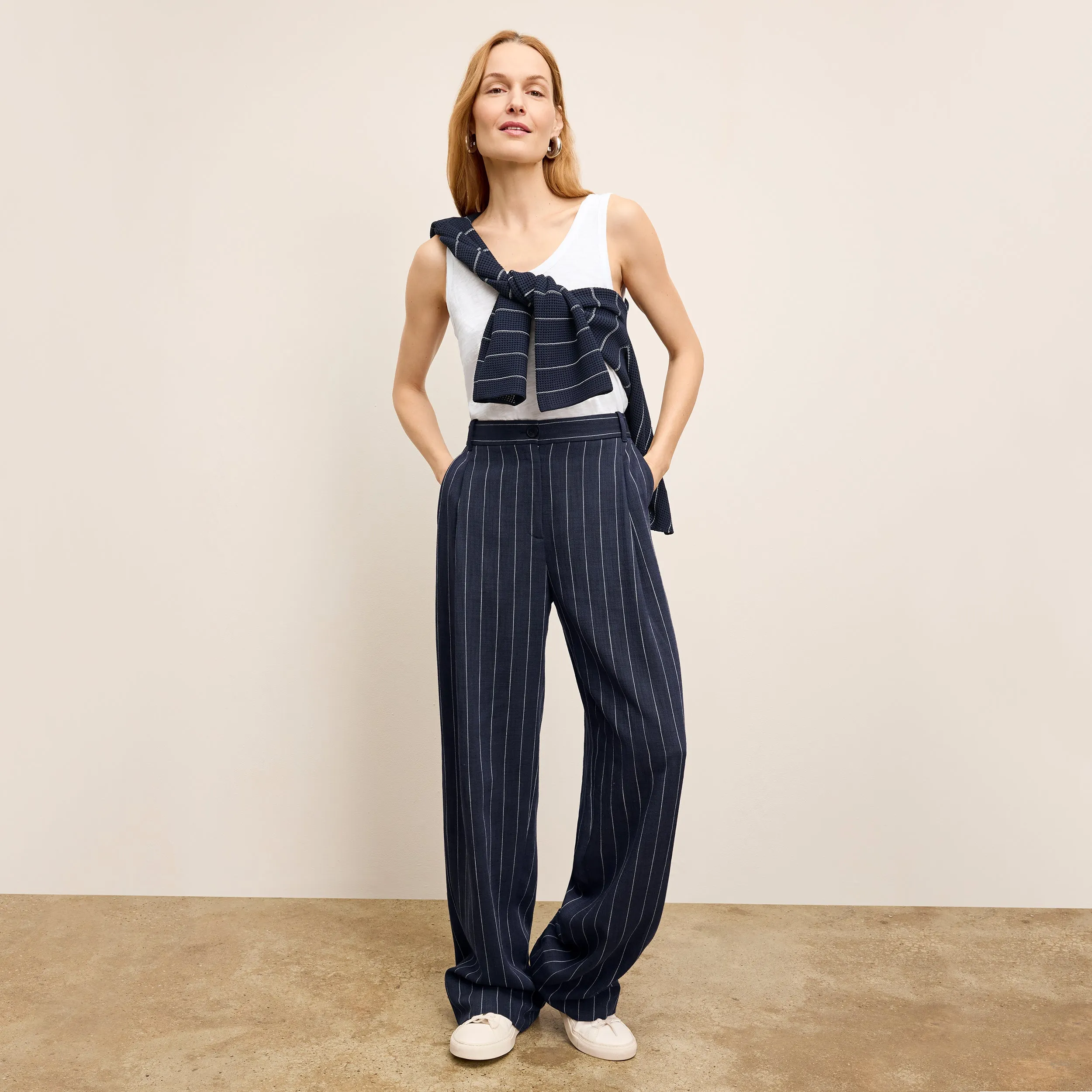 Comfortable Wear Fitz Pleated Trouser - Summer Pinstripe :: Navy/Ivory