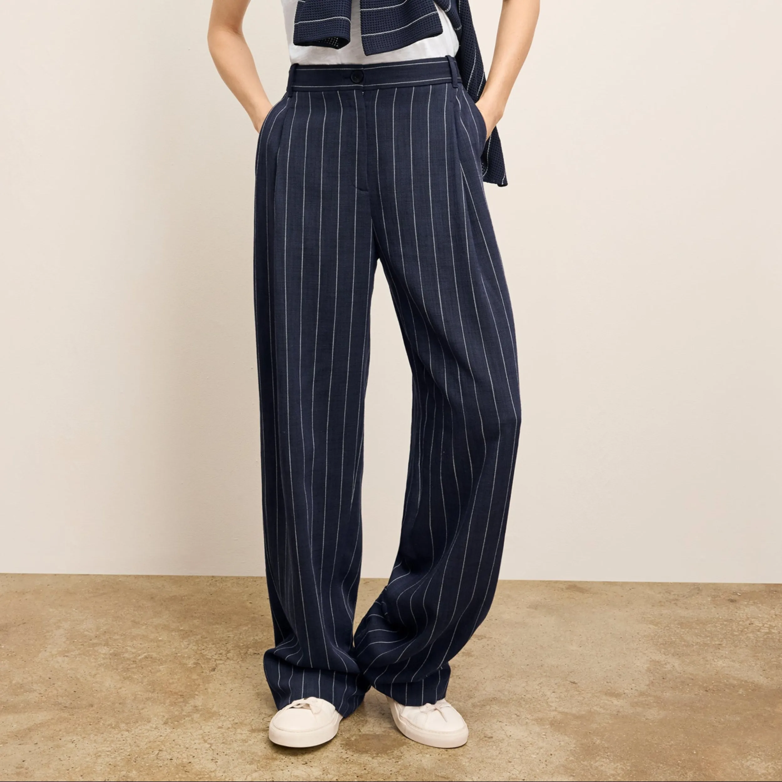 Fitz Pleated Trouser - Summer Pinstripe :: Navy/Ivory RecycledPolyester