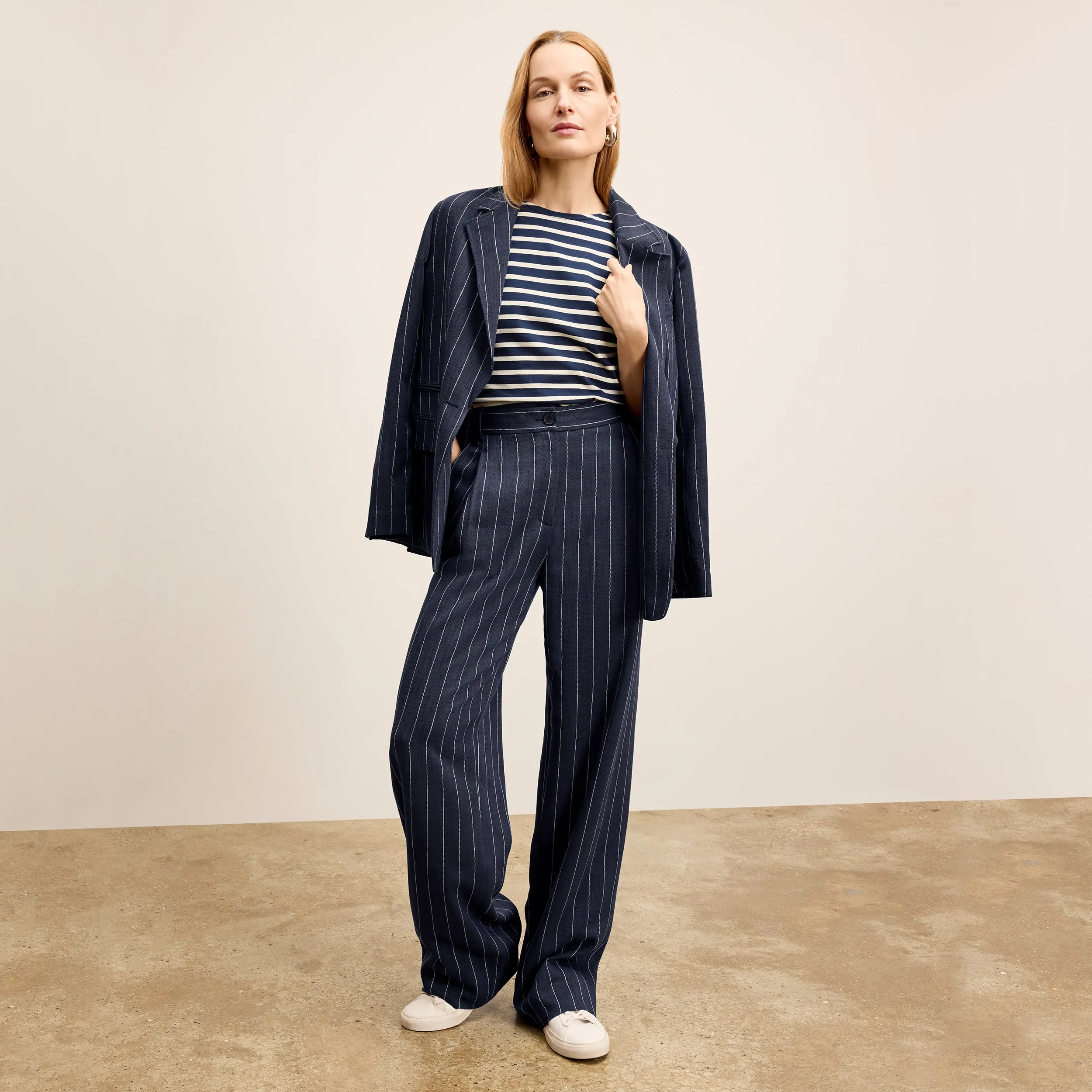 Fitz Pleated Trouser - Summer Pinstripe :: Navy/Ivory RibbedHemline Adjustable Cuffs