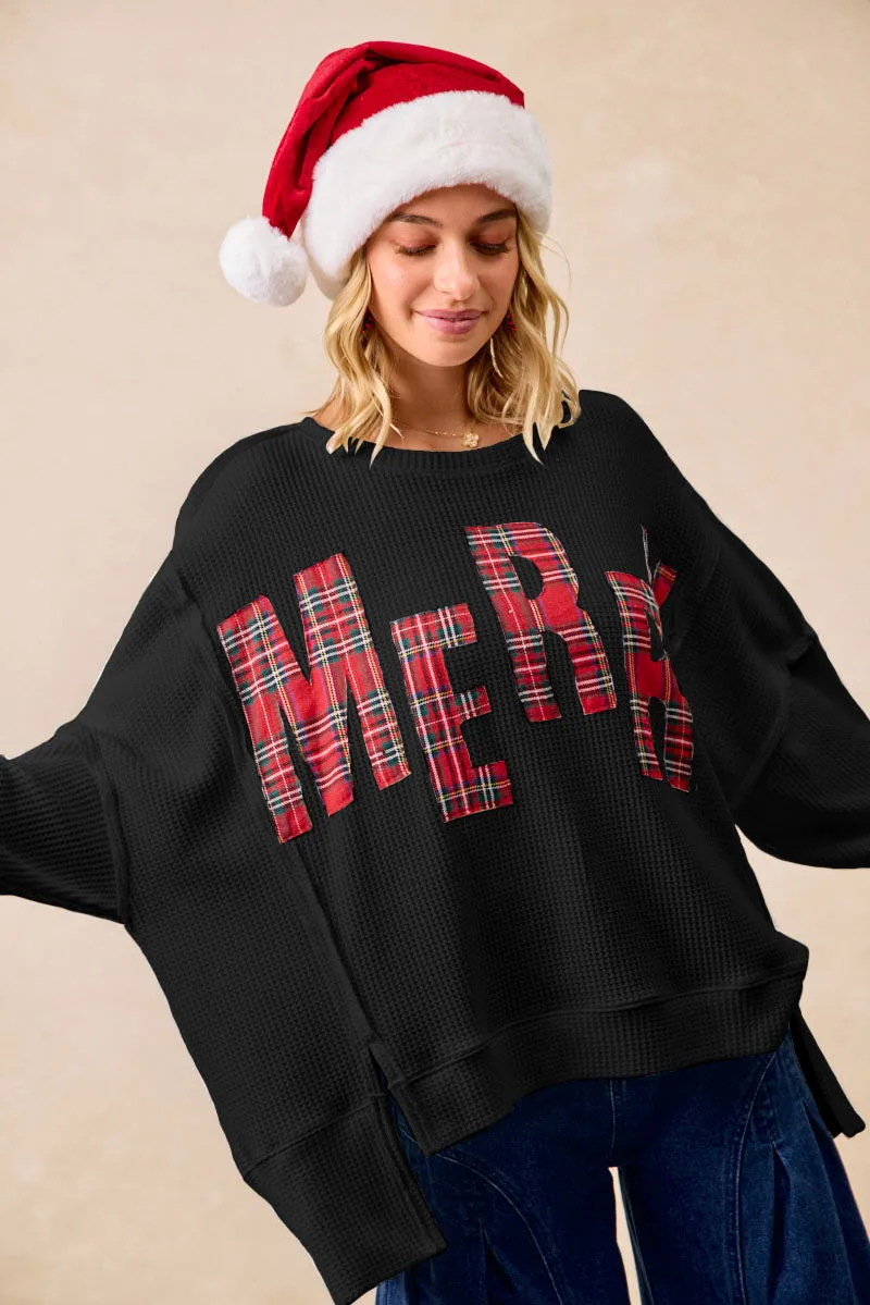 IT3426G-20 | CHRISTMAS PLAID MERRY LETTERING SWEATSHIRT Comfortable Waistband Wear Resistant Fabric
