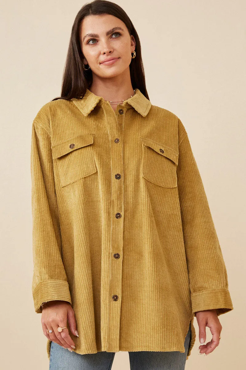 Womens Contrast Paneled Corduroy Button Up Shacket Quick Dry Material