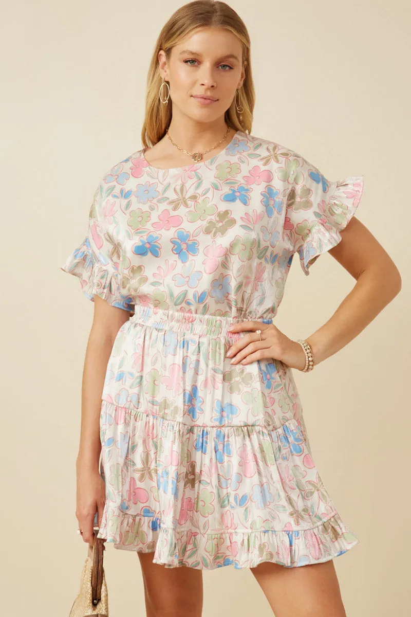 Floral Ruffle Sleeve Foiled Top Basic Tee
